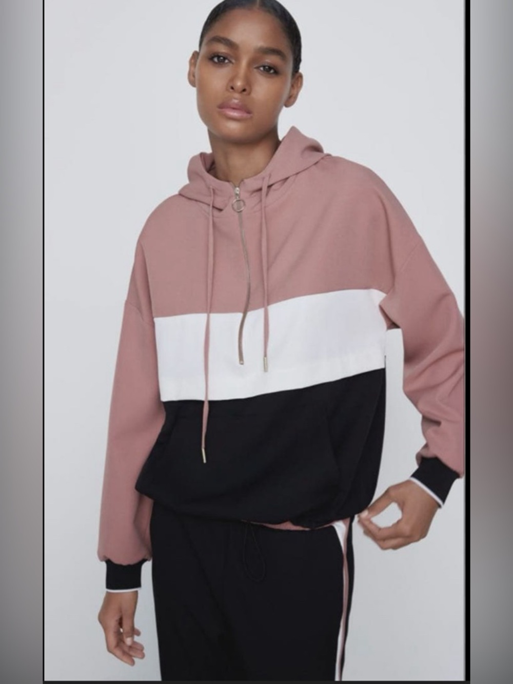 Zara Rose Pink, White & Black Colorblock Hooded Sweatshirt